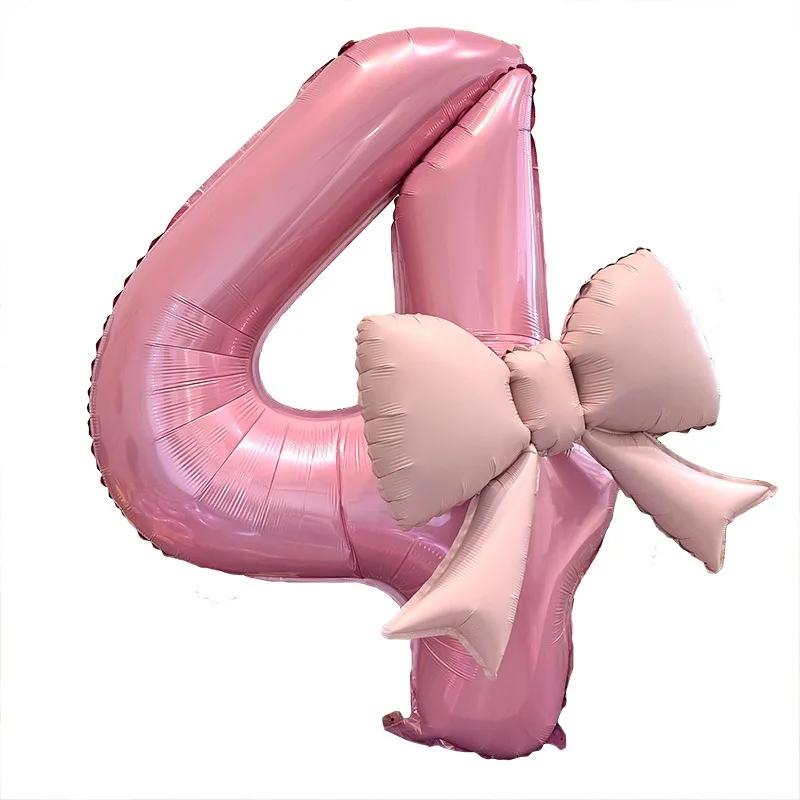 40-calowy Różowy Balon Foliowy z Kokardą z Numerem Dekoracja Ślubna Urodzinowa Baby Shower Numer 0-9 Rekwizyty do Zdjęć na Imprezę
