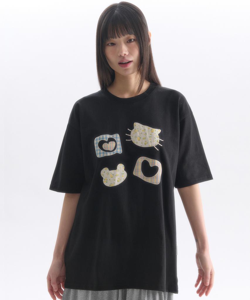 AMBLER Meow Bear Applique Embroidery Short Sleeve T-Shirt As1309 (Black)