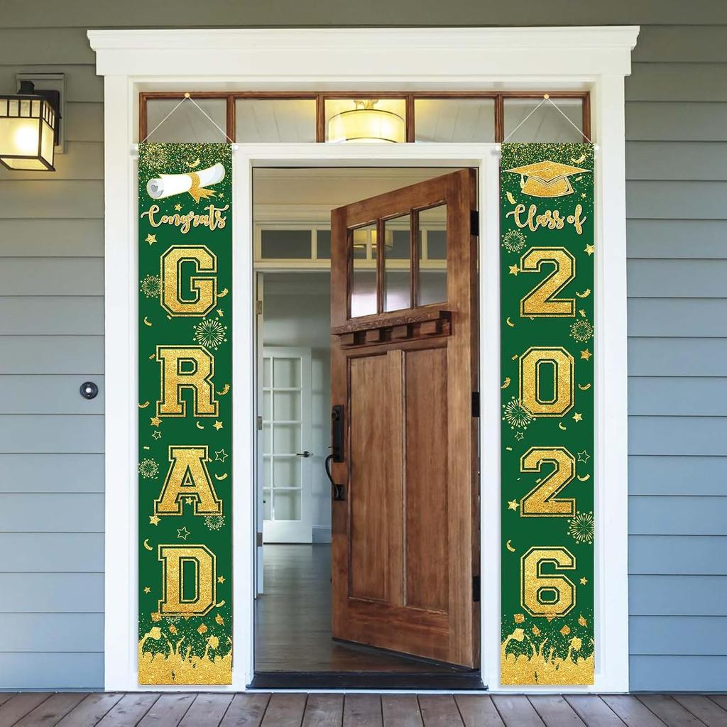 Green and Gold Graduation Decorations Class of 2026 Hanging Grad Banner - green Gold Congrats Grad Banner Porch Sign for Front Door, Graduate Door