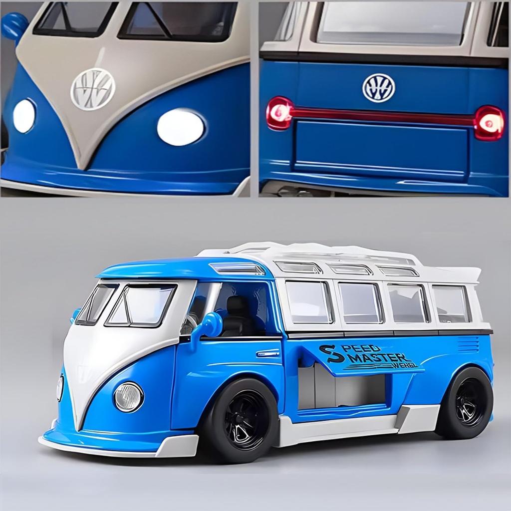 1/32 Scale Bus Transporter Model Car with Surfboards Convertible Camping Van, Zinc Alloy Pull Back Toy Car with Sound and Light for Kids Gift