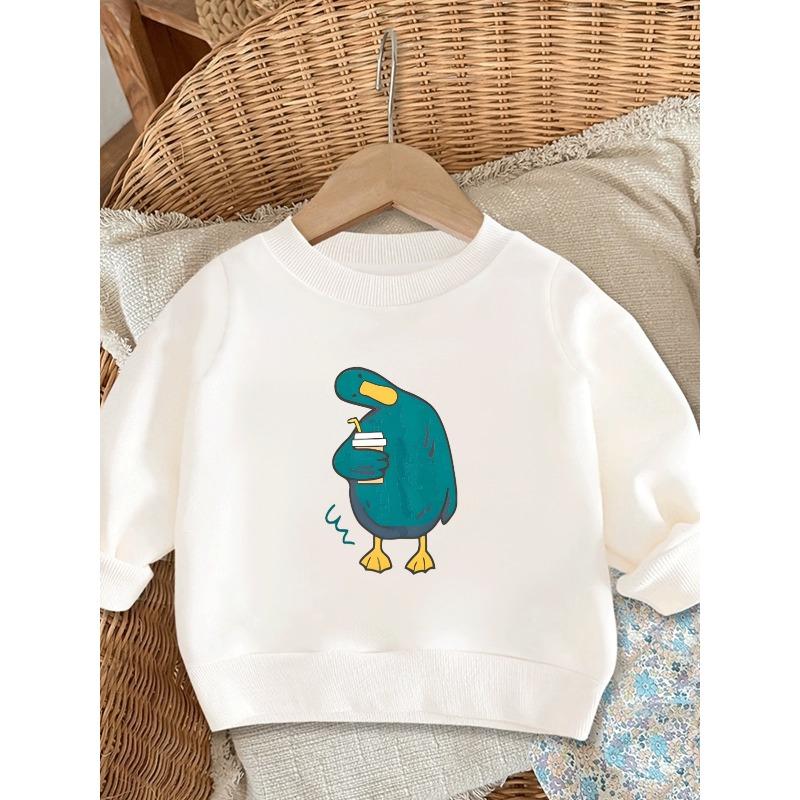 European sizes Adorable Cartoon Duck Print Sweatshirt for Kids , Featuring a Comfortable And Easy Style for Ages 0-3, Perfect for Outdoor Wear