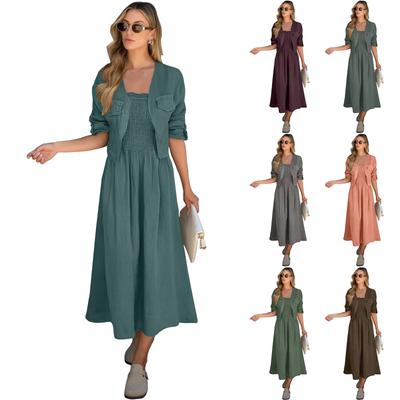 Damen Farbiges Leinenkleid Mit Mantel Zweiteiliges Set
