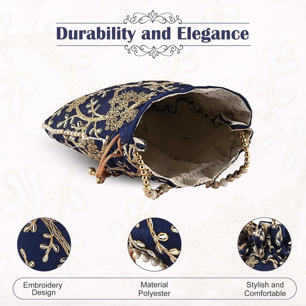 Pack of 3 Potli Bags for Ladies & Girls | Women Shagun Pouches for Festive Seasons | Embroidery Batwa Bag Bridal Purse -Dark Blue