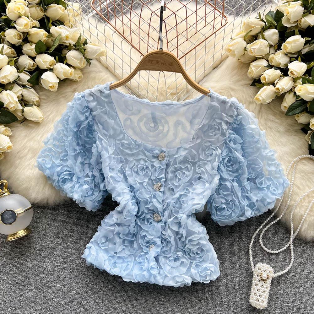 RUGOD Niche Design Sense Mesh Flower Kort Temperament-skjorte for kvinner Sommer Ny Slim Enkeltspente All-Match-topp