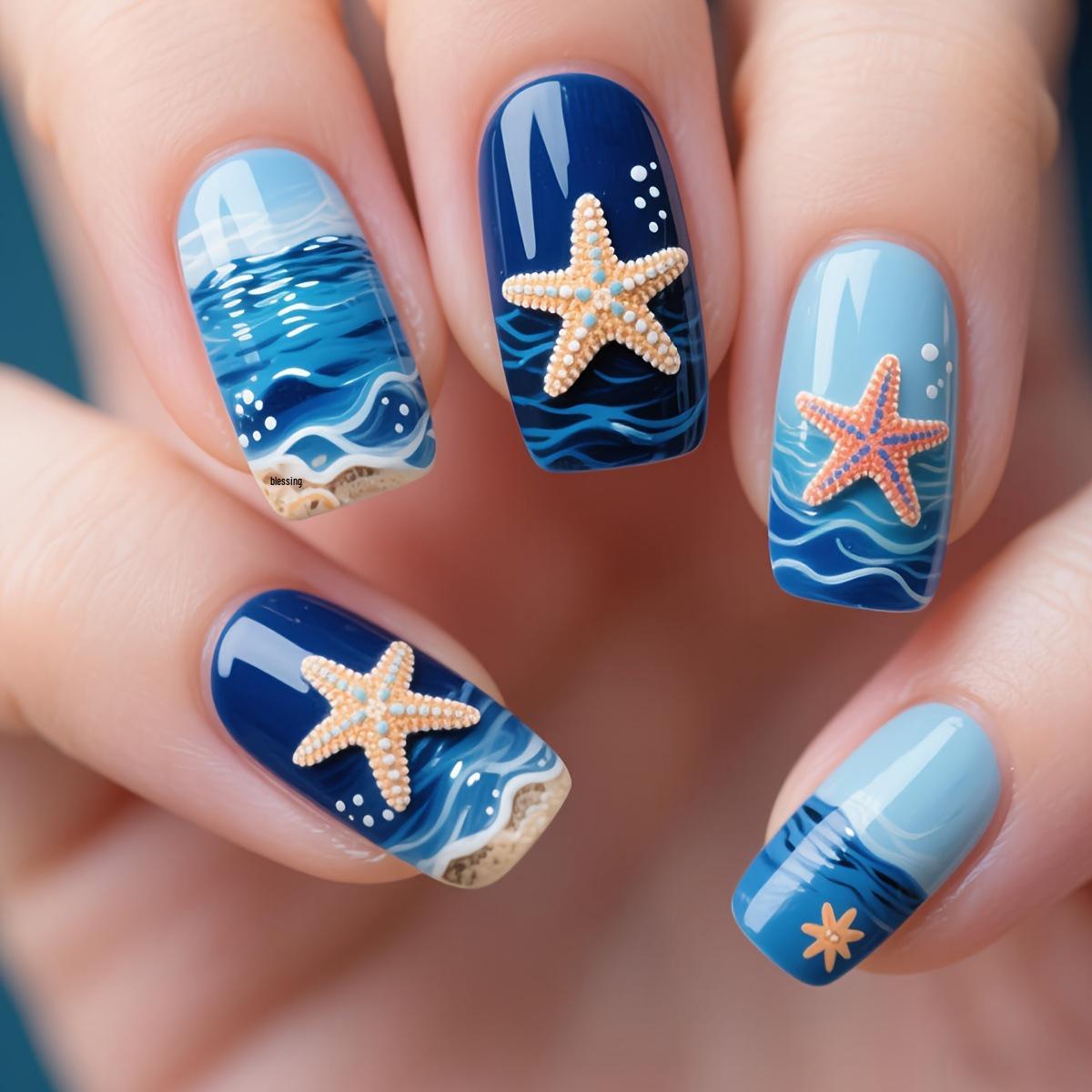 European-American Beach Style Starfish Ocean Wearable Removable Nails Set - 24 Pieces