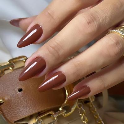 Uñas Postizas de Color Sólido Usar Uñas Rojo Marrón Pieza de Uña Removible Pieza de Uña Simple Parche de Uña Almendrado Europeo y Americano