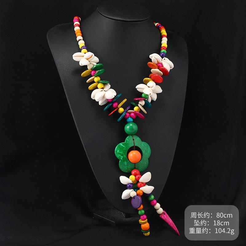 Bohemian Colored Coconut Shell Necklace Holiday Style Long Wooden Handmade Sweater Chain Women's Accessories