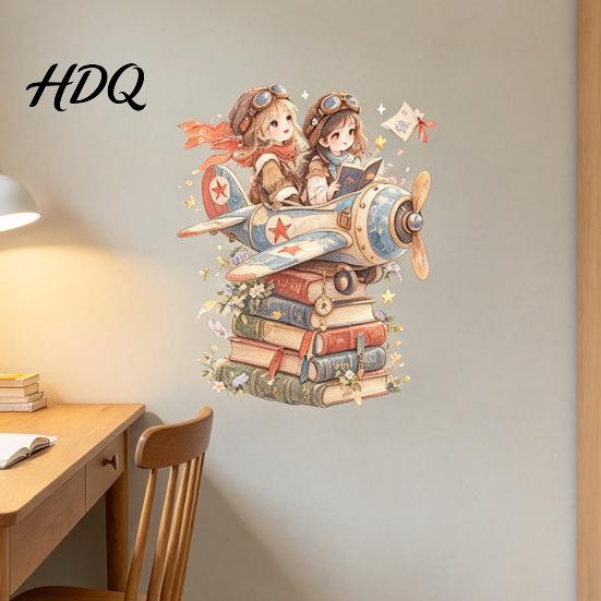 Unique Gift Ideas for Kids Room Pilot Girls Wall Sticker Self-Adhesive Watercolor Airplane and Stacked Book PVC Decal Removable Stickers Nursery