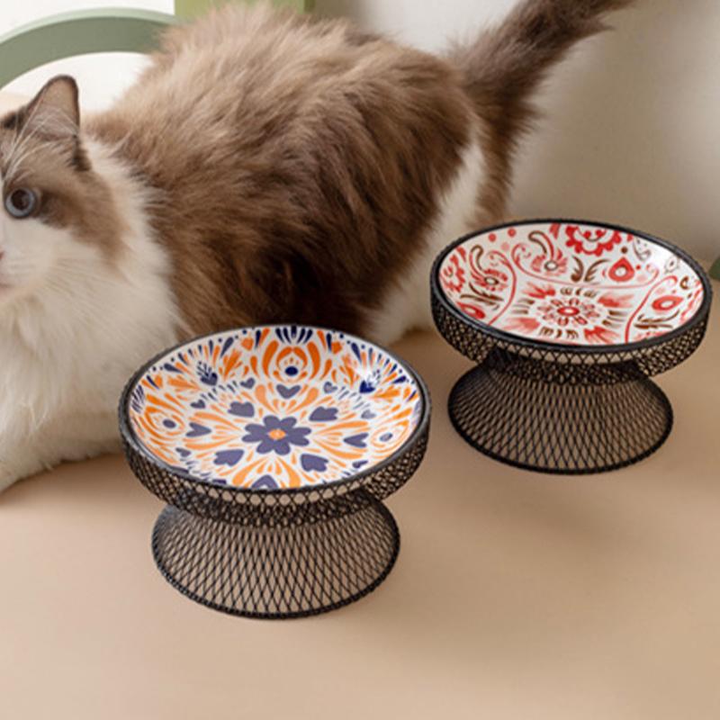 Ceramics Cat Bowl With Bohemia Design Cat Food Bowl Water Plate Snack Dish Large Caliber Anti-Tip With Stand For Neck Protection
