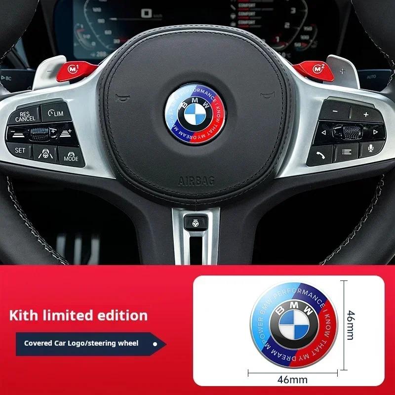 XZDXD1 For BMW Kith&BMW  Anniversary Logo Front Cover Badge 81mm + Rear Badge 72mm + Hubcap 56mm + Steering Wheel Sticker 46mm  Car Acc