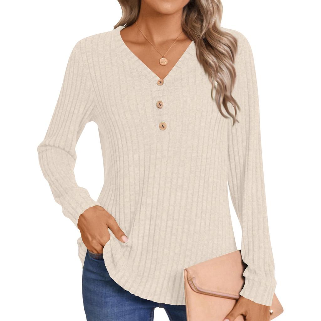 Women's Fashion Color V-Neck Button Loose Long Sleeve T-Shirt Top