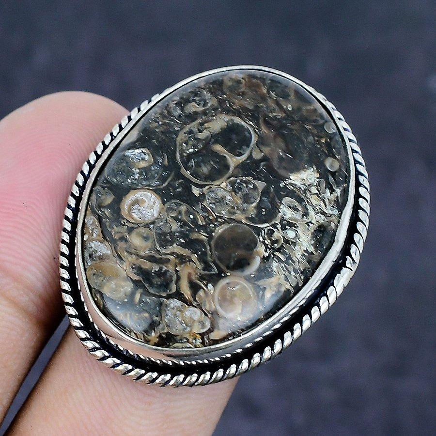 Natural Turritella Fossil Gemstone 925 Sterling Silver Jewelry Ring Size 8 D7z04