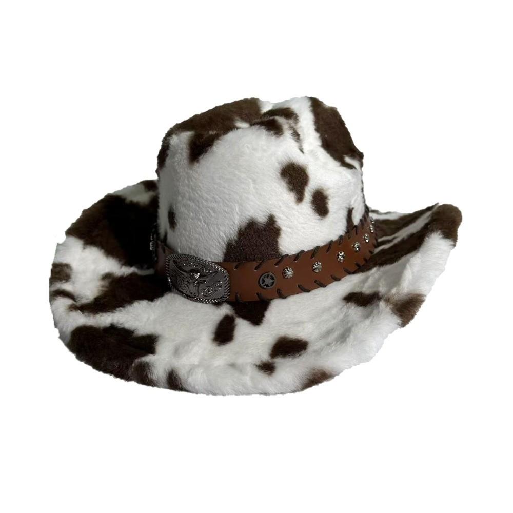 Wide Brim Cow Print Hat Leather Strap Western Cowboy Hat Retro Plush Cowboy Hat Outdoor Travel