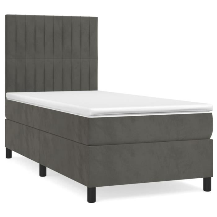 3143122 vidaXL Lit à sommier tapissier et matelas Gris foncé 90x200 cm Velours