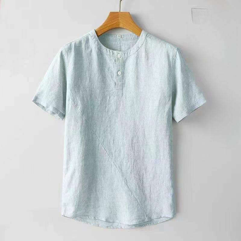 Casual Men's Cotton Linen Blouse Summer Spring O-Neck Button Short Sleeve Beachwear Holiday Blouse Tops