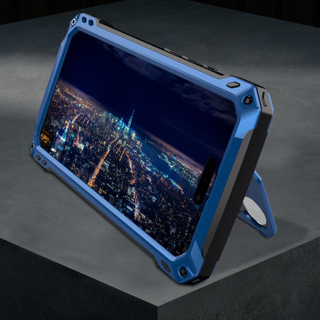 For iPhone 16 Plus Case Aluminum Alloy+Silicone Lens Kickstand Phone Cover with Tempered Glass Film