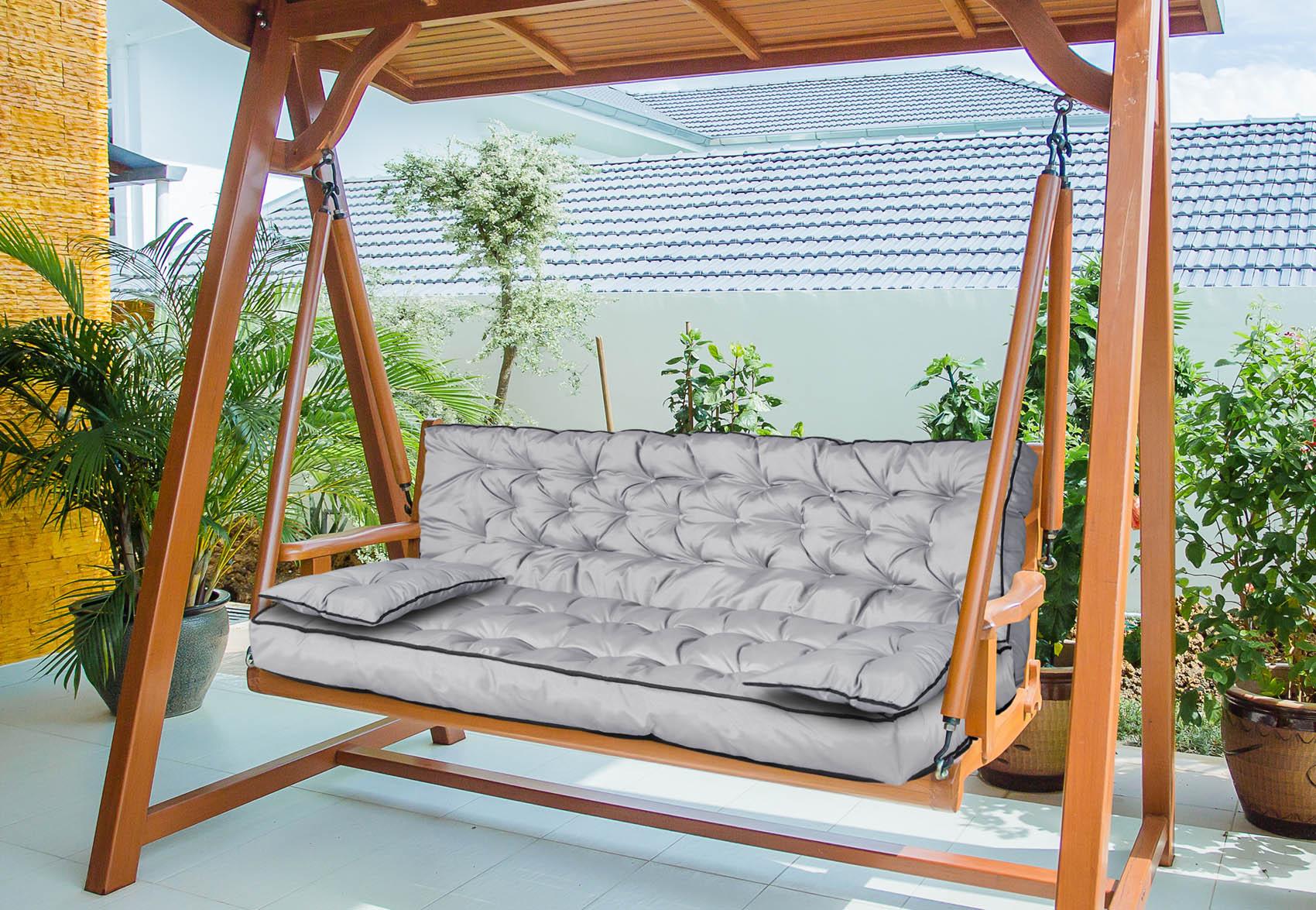 Coussin de jardin pour banc avec côté haut et passepoil, balançoire imperméable avec cordes nouées + petits coussins S gris cuirassé