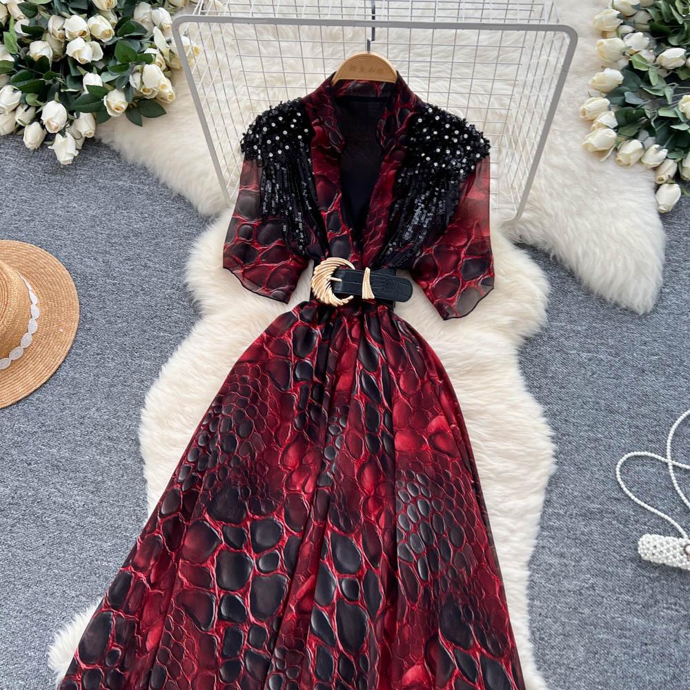 Damenkleid Lange Kleider A-Linie Print Streetwear V-Ausschnitt Kurze Ärmel Elegant Patchwork Y2k Enger Taillenbereich Party Nacht Arbeitskleider