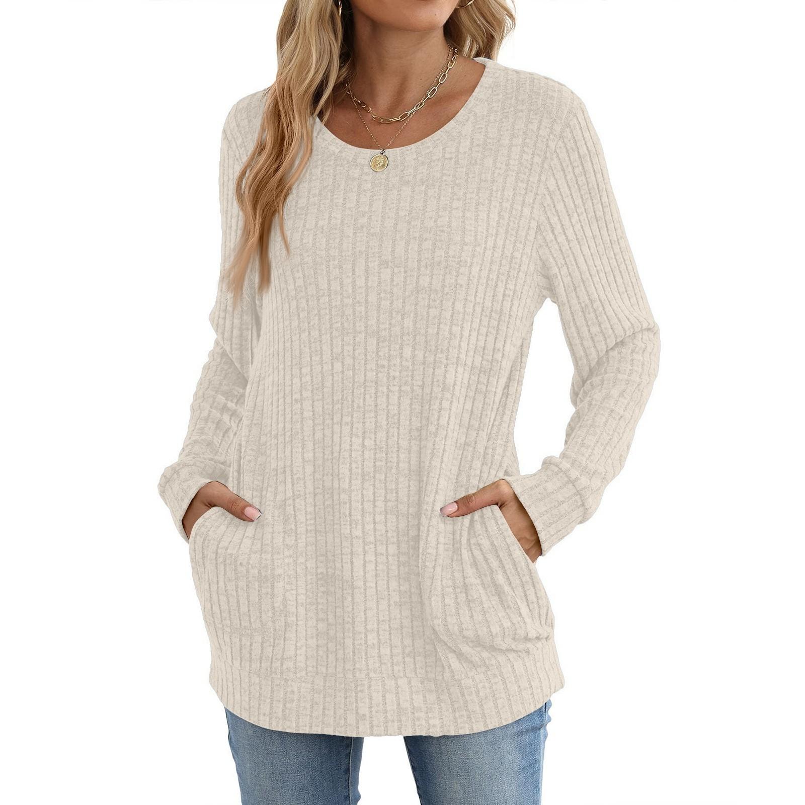 

Женские рубашки с длинным рукавом, свободного кроя, с круглым вырезом, повседневные топы, легкие пуловеры, осень L бежевый
