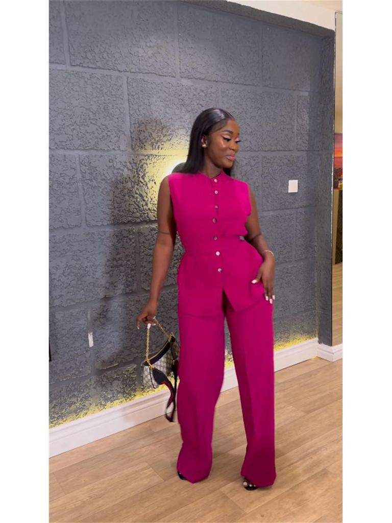 2025 Summer Women's Wear: Stand-up Collar Buttoned Sleeveless Top & Wide-leg Pants Set