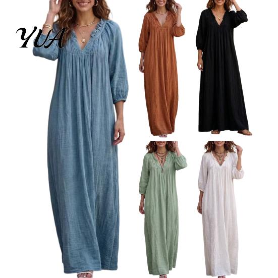 Spring Autumn Dresses Bohemian Ruffle V-Neck Long Dress, 3/4 Sleeves Maxi Dress for Comfortable Women Women, Solid Color Casual Loose Fall