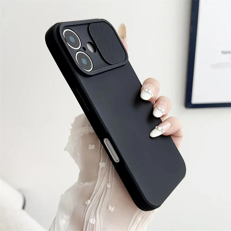 Slide Camera Lens Protection Cover for IPhone 16E 16 15 14 Plus 13 12 11 Pro XS XR Max 8 7 Phone Case Shockproof Soft Silicone
