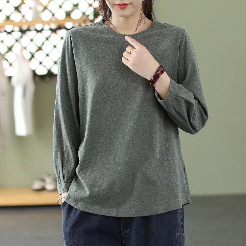 Bomulls T-shirt med nioärm för dam, vår och höst, koreansk stil, enfärgad, lös, plus size, rundhalsad topp