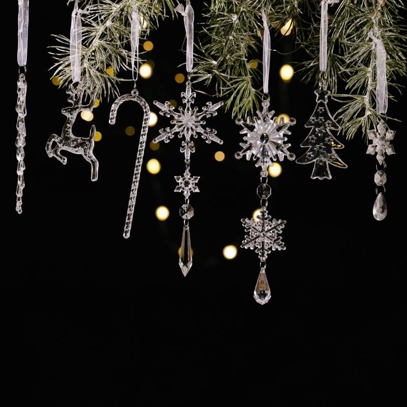 Clear Shatterproof Acrylic Snowflake Icicles Christmas Decorations With Reindeer For Home Party Tree