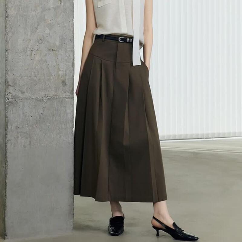 MONOVICH High-Waisted Pleated A-Line Midi Skirt with Belt M