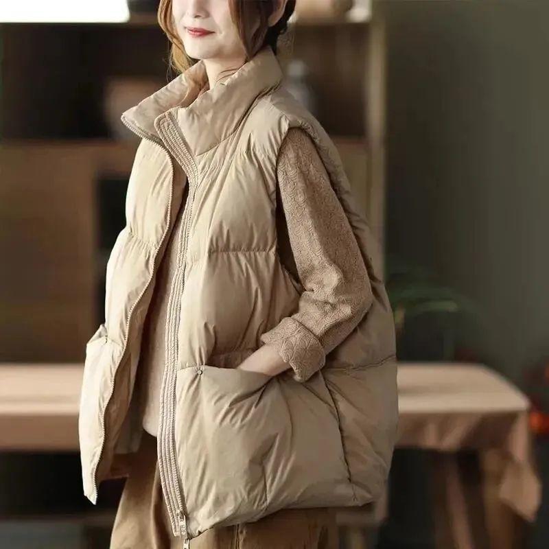 Solid Color Stand-up Collar Down Cotton Vest Vest Loose Warmth Plus Cotton Waistcoat Sleeveless Waistcoat Ladies