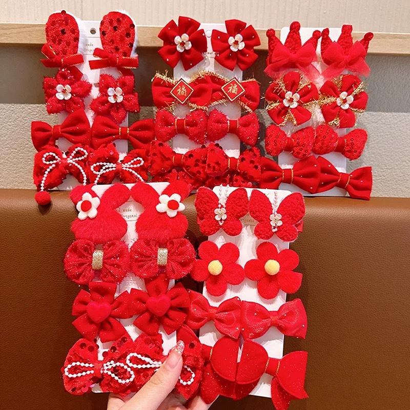 8Pcs/Set Kids Red Bows Hair Clips For Baby Girls Handmade Ribbon Bowknots Hairpins Barrettes  Year Christmas Hair Accessories