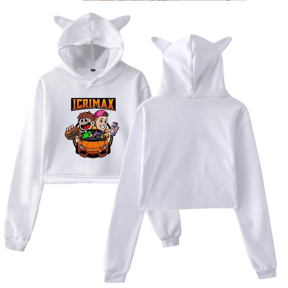 Korean Fashion Icrimax Print Kawaii Crop Top Hoodie Funny Cat Ear Cropped Short Sweatshirt Hooded Pullover Women Tops Streetwear