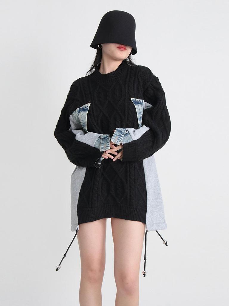 European High-End Denim Patchwork Knit Lazy Sweater, Autumn/Winter 2026 Collection