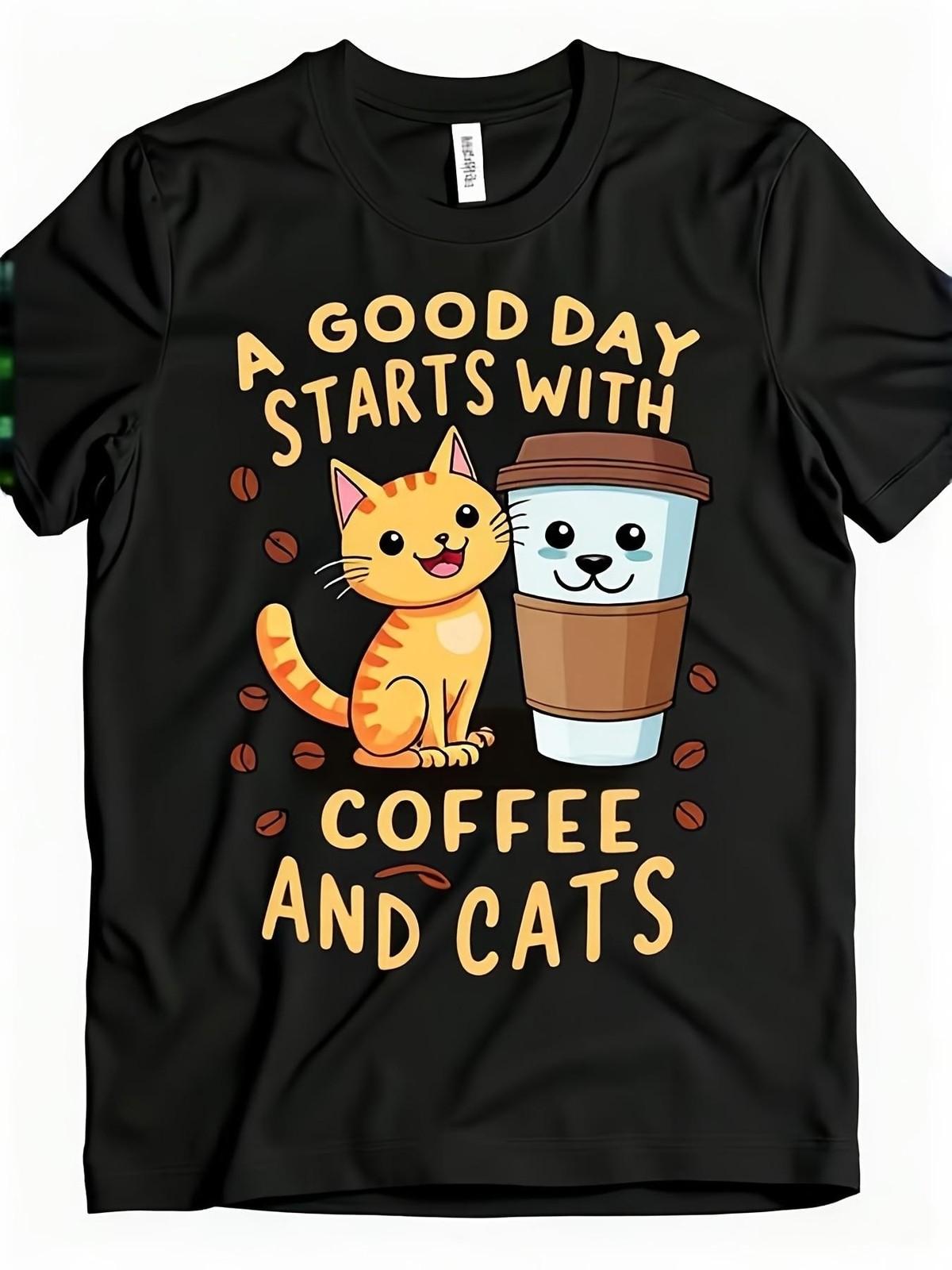 Men s Funny Vintage Coffee & Cat T-Shirt - Retro  A Good Day Starts with Coffe S разноцветный