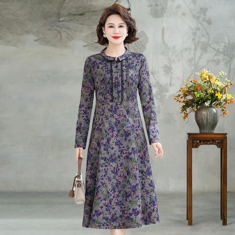

2026 Spring Retro Print Long Sleeve Knee-Length Dress for Middle-Aged and Elderly Moms - Stylish and Elegant Skirt XL 90-115 lbs цветочный/фиолетовый