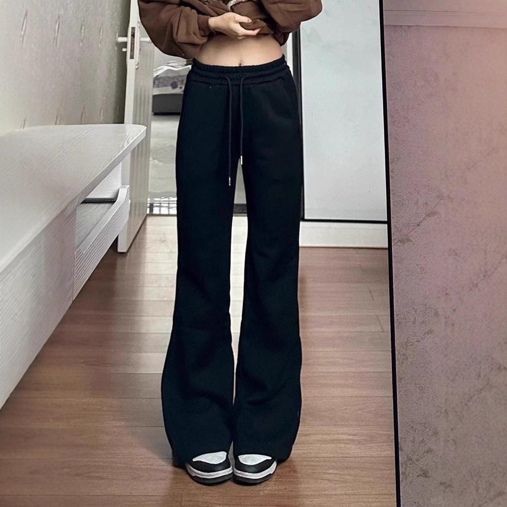 Pantalon de survêtement évasé noir taille haute pour femme - Printemps/Automne, Amincissant, Décontracté, Long jusqu'au sol avec cordon de serrage et drapé, Design en fer à cheval.