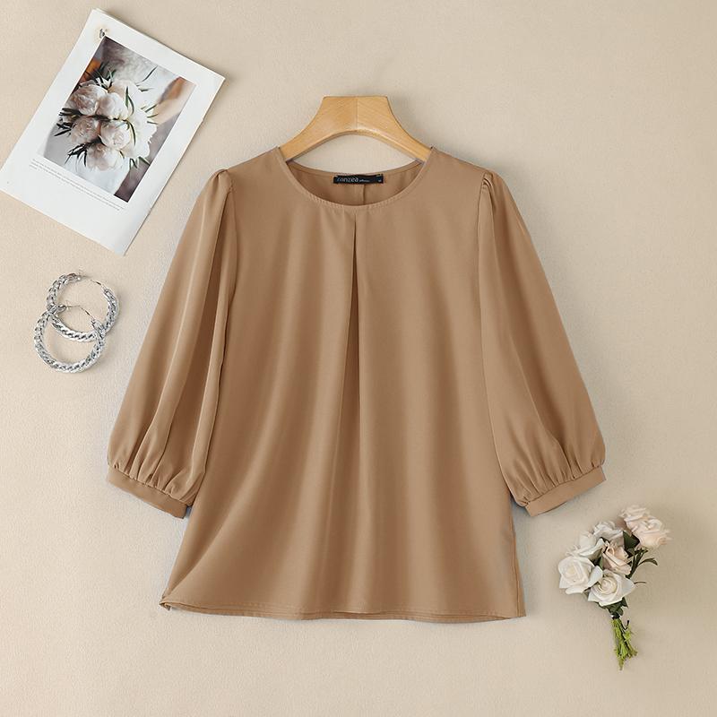 ZANZEA Blusa casual da donna a maniche 3/4 a tinta unita con scollo rotondo
