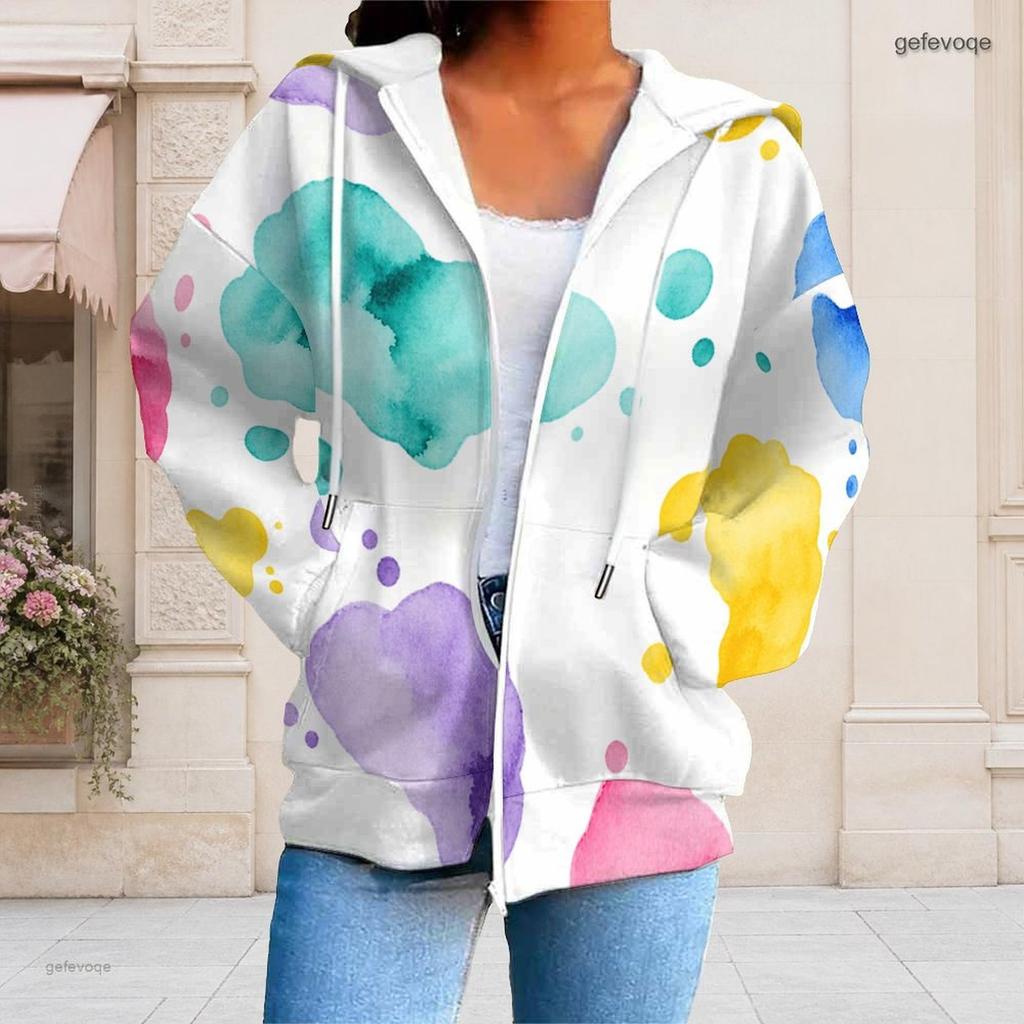 Women Plus Size Zip Up Hoodie Long Sleeve Drawstring Hood Blue White Tie Dye Print With Pockets