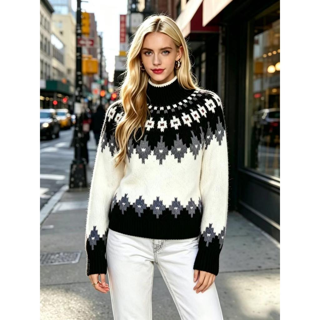 Fall Winter Women's Fair Isle Pattern Half Turtleneck Sweater, Loose Soft Rhombus Jacquard Knit Lazy Top