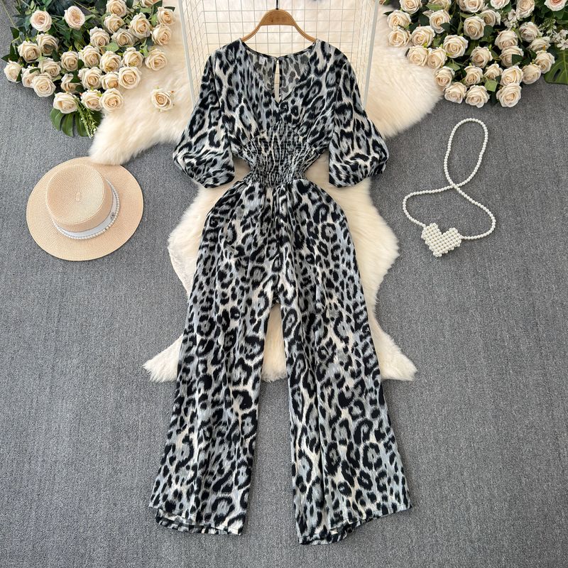 

Sexy V-neck Batwing Sleeve Waist-Tight Slim Looking Leopard Print Print Jumpsuit Fashion Elegant Wide Leg Pants Jumpsuit for Women Black One size