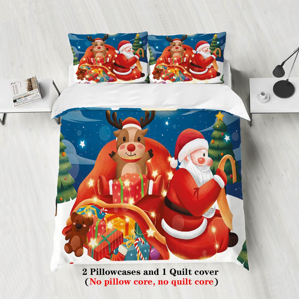 3pcs Santa Claus Reindeer Red Printed Coreless Bedding Set, Soft and Comfortable, Multi Size Dormitory Bedroom, Machine Washable
