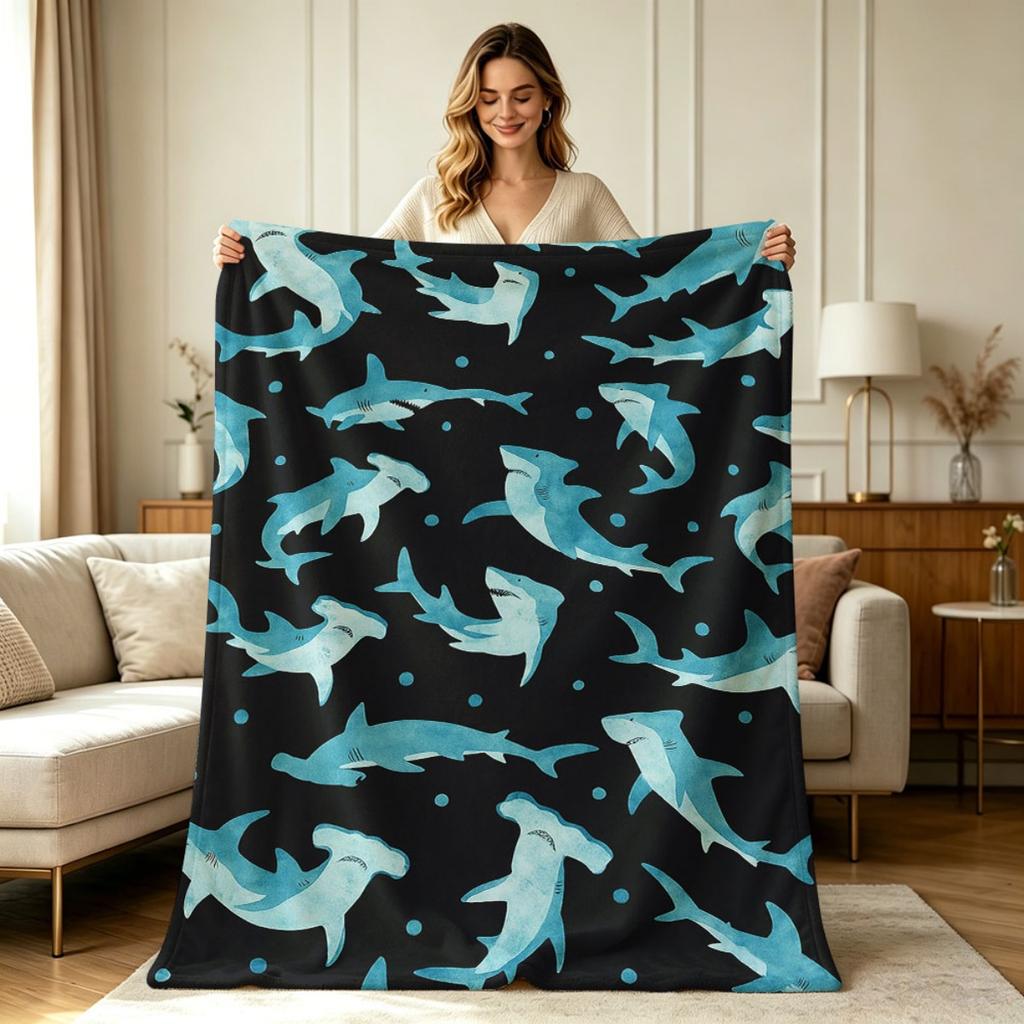 Soft Flannel Shark Pattern All Season Blanket for Sofa Couch Bedroom Office Living Room Warm Cozy Decorative Throw Blanket for Indoor Outdoor Use
