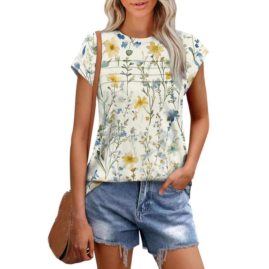 Damenmode Lässig Kurzarm Basic Textur Floral Rundhals T-Shirt Kappenärmel Top