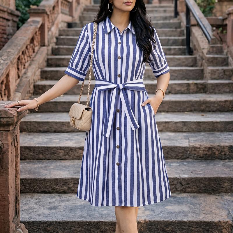 ZANZEA Lässiges Kleid mit Umlegekragen und kurzen Ärmeln und Streifen für Damen