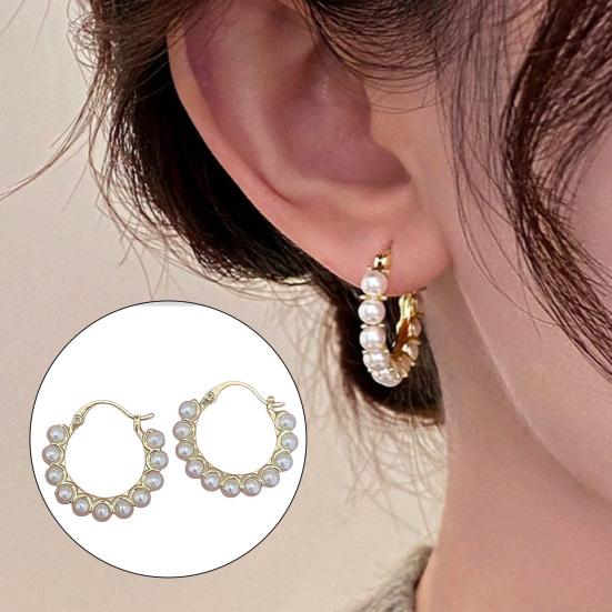 1 Pair Women Hoop Earrings, Snap-On Ear Loop Design Earrings, Imitation Pearl Full Circle Earrings, Large Round Drop Earrings Gift Jewelry