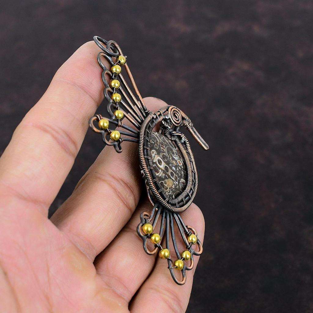 Turritella Agate Pendant Copper Wire Wrapped Pendant Gemstone Pendant Bird Pendant Copper Jewelry Engagement Gift Handmade Wire Wrap Jewelry