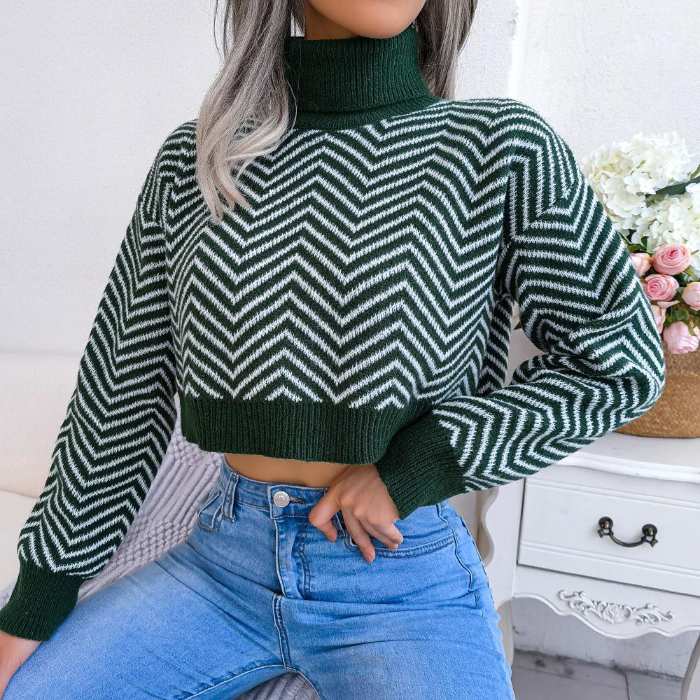 Autumn and Winter Fashion High Collar Long Sleeve Striped Midriff-baring Sweater