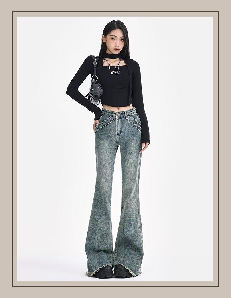 

Женские ретро джинсы пэчворк с микроклешем и необработанным краем - Заниженная талия, стрейч, брюки длиной в пол 2XL