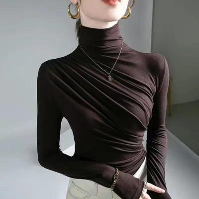 Ropa de Primavera y Otoño para Mujer con Pliegues y Cuello Alto, Blusa de Cuello Alto de Color Sólido con Atractivo Sofisticado