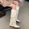Spitze Schnalle plissierte Stiefel Damen Herbst und Winter neu Punk-Stil Ritterstiefel Fried Street Spice Girl Stiefel Tide